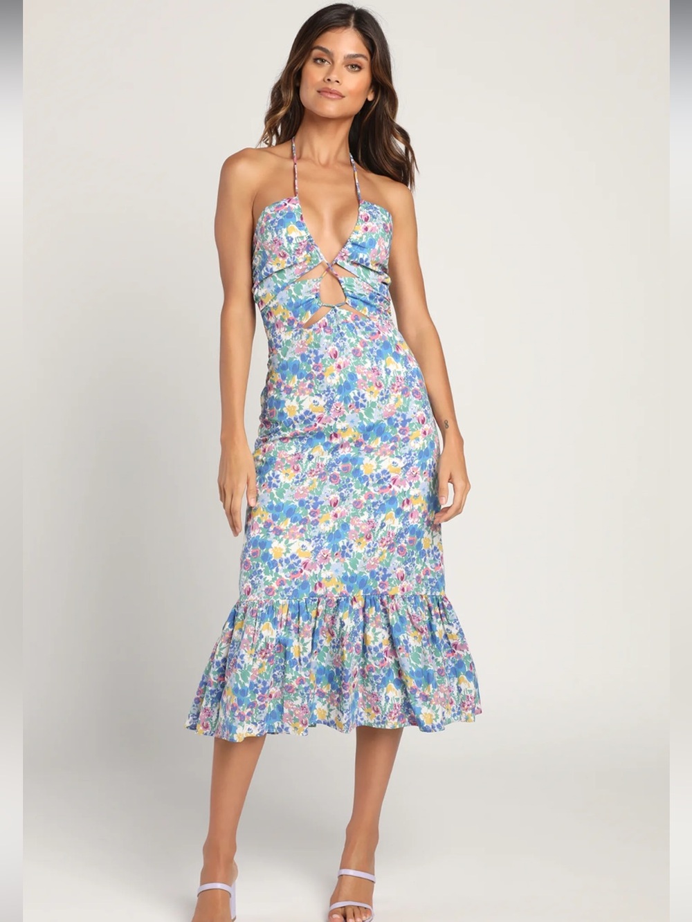 Lulus Stun the Scene Blue Multi Floral Drawstring Halter Midi Dress Large